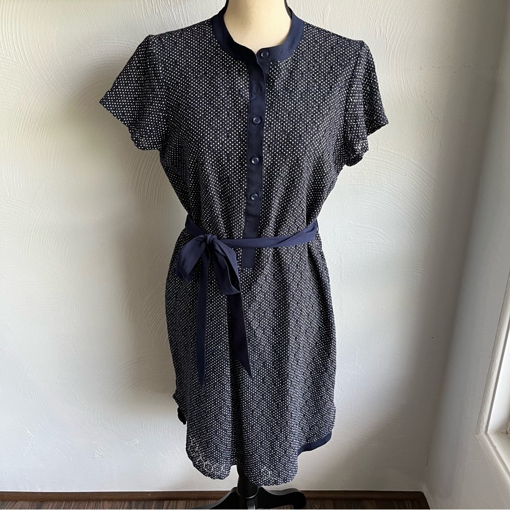 DKNY Polka Dot Belted Shirt Dress Heritage Navy M